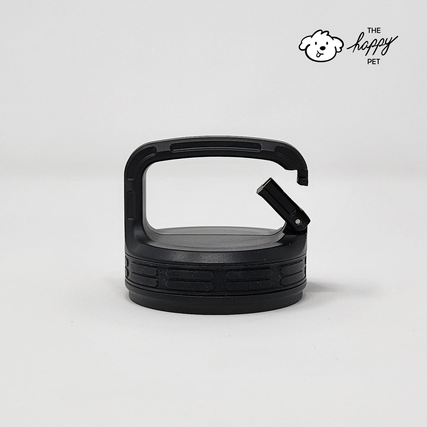Black pet water bottle cap on a white background with 'The Happy Pet' logo.