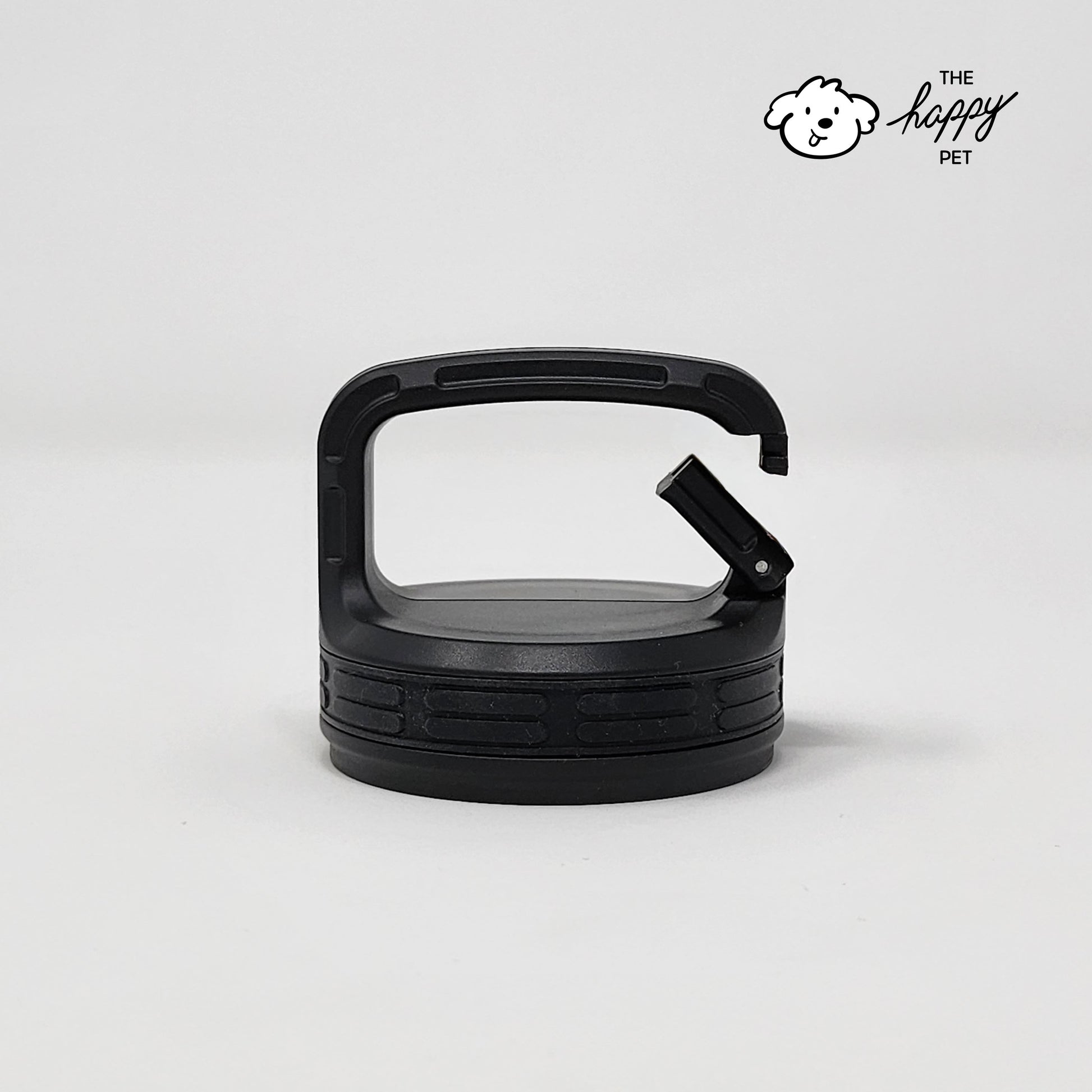 Black pet water bottle cap on a white background with 'The Happy Pet' logo.
