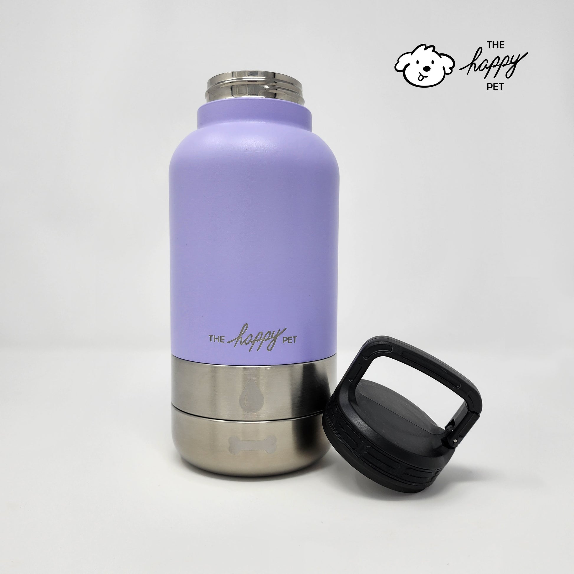 Purple insulated bottle with black handle on a white background, featuring 'The Happy Pet' branding.