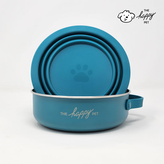 Collapsible blue pet bowls with 'The Happy Pet' branding on a white background